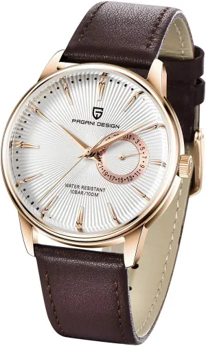 pasture VH65 Quartz Movement Stainless Steel Leather Strap Waterproof Business Sport Wristwatch Date Display Pagani Design Vintage Men's Watch 