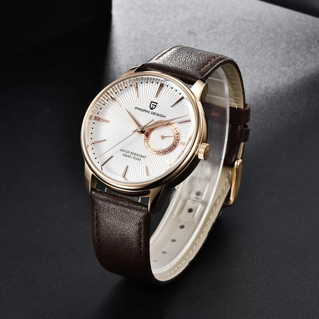 pasture VH65 Quartz Movement Stainless Steel Leather Strap Waterproof Business Sport Wristwatch Date Display Pagani Design Vintage Men's Watch 