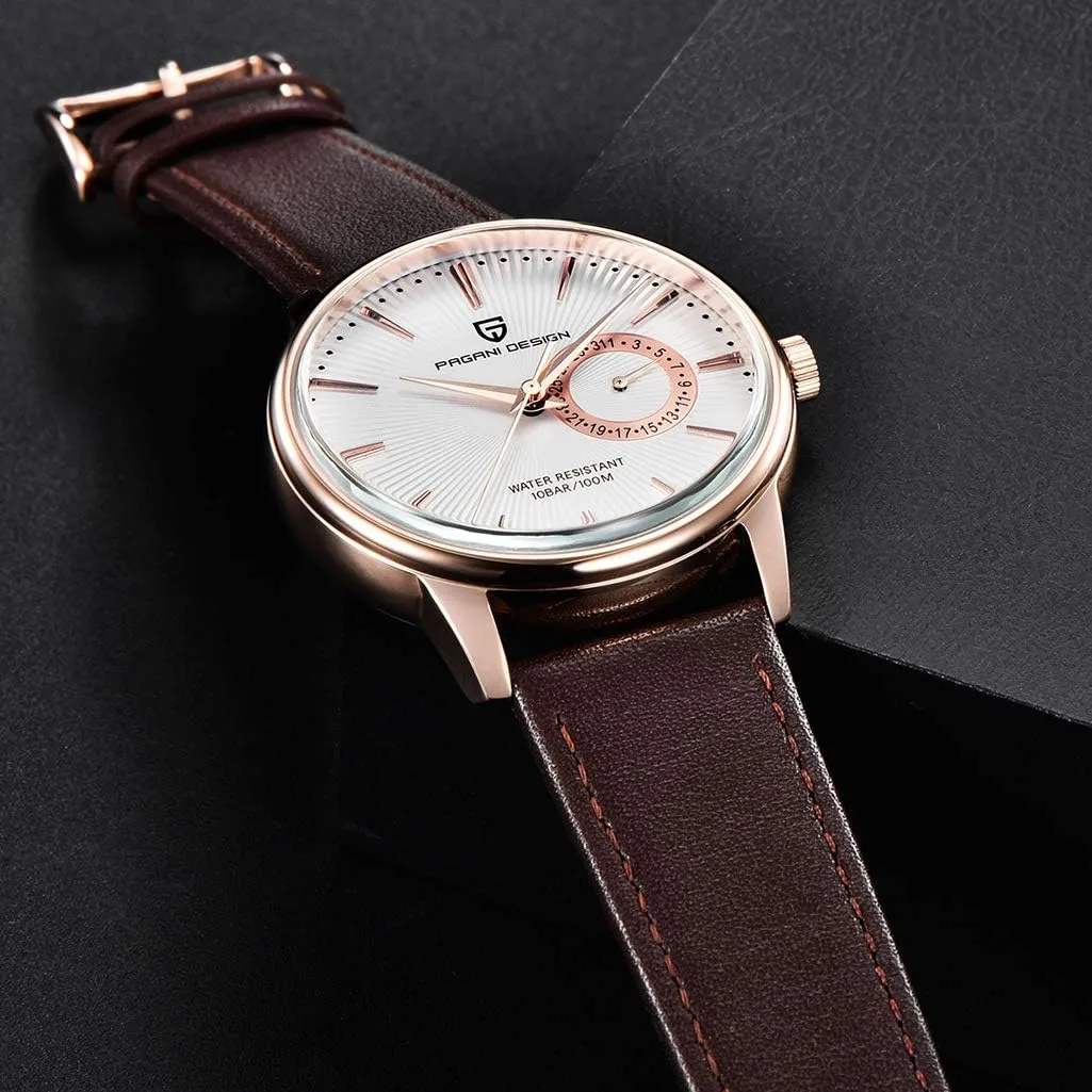 pasture VH65 Quartz Movement Stainless Steel Leather Strap Waterproof Business Sport Wristwatch Date Display Pagani Design Vintage Men's Watch 