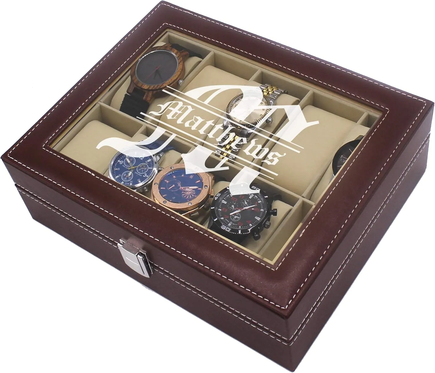 Personalized Watch Storage Box Case - Name Initial - Groomsmen Fathers Day Gift - Engraved filter (Brown) My Personal Memories, Custom 