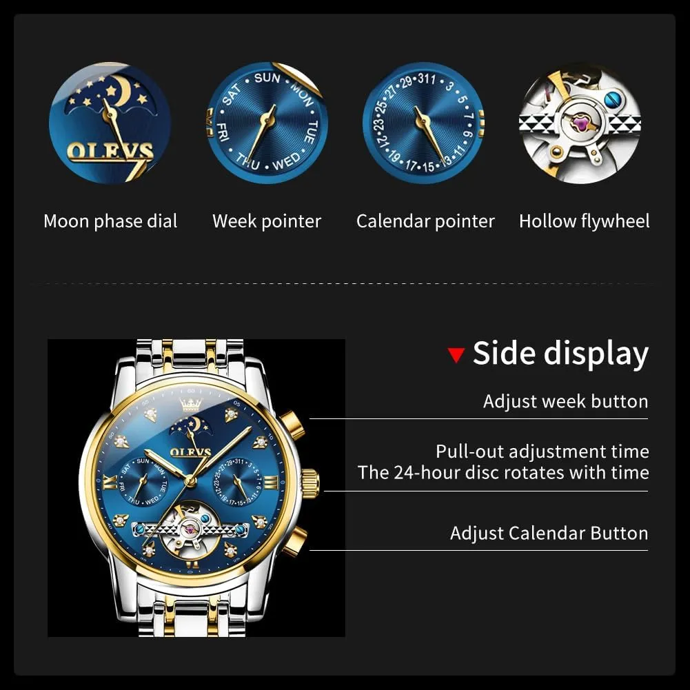 Phase Adjustable Bracelet Gift Multi-Function Blue/Black/Gold/Silver Face Watch for sac Men OLEVS Mechanical Men Watch Chronograph Diamond Tourbillon Date Moon 
