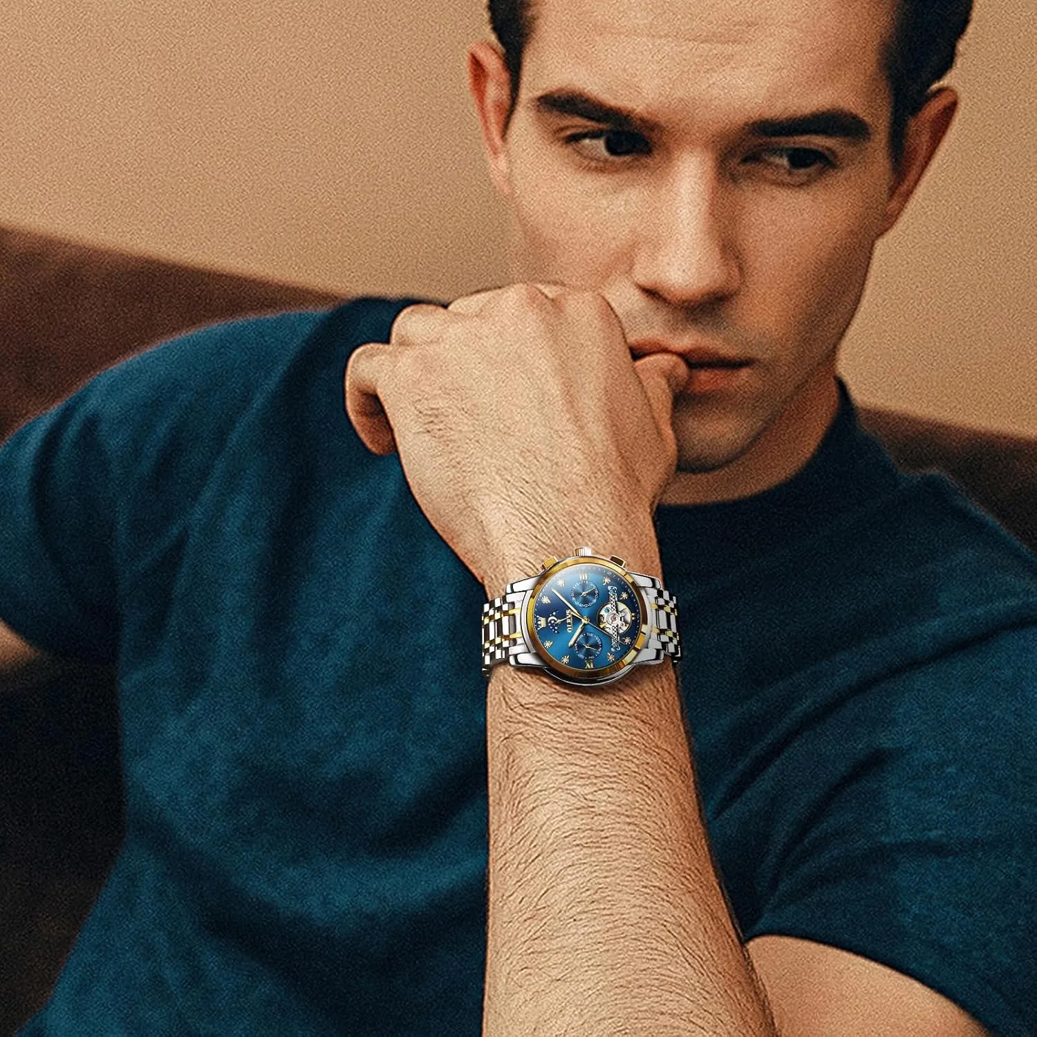 Phase Adjustable Bracelet Gift Multi-Function Blue/Black/Gold/Silver Face Watch for sac Men OLEVS Mechanical Men Watch Chronograph Diamond Tourbillon Date Moon 