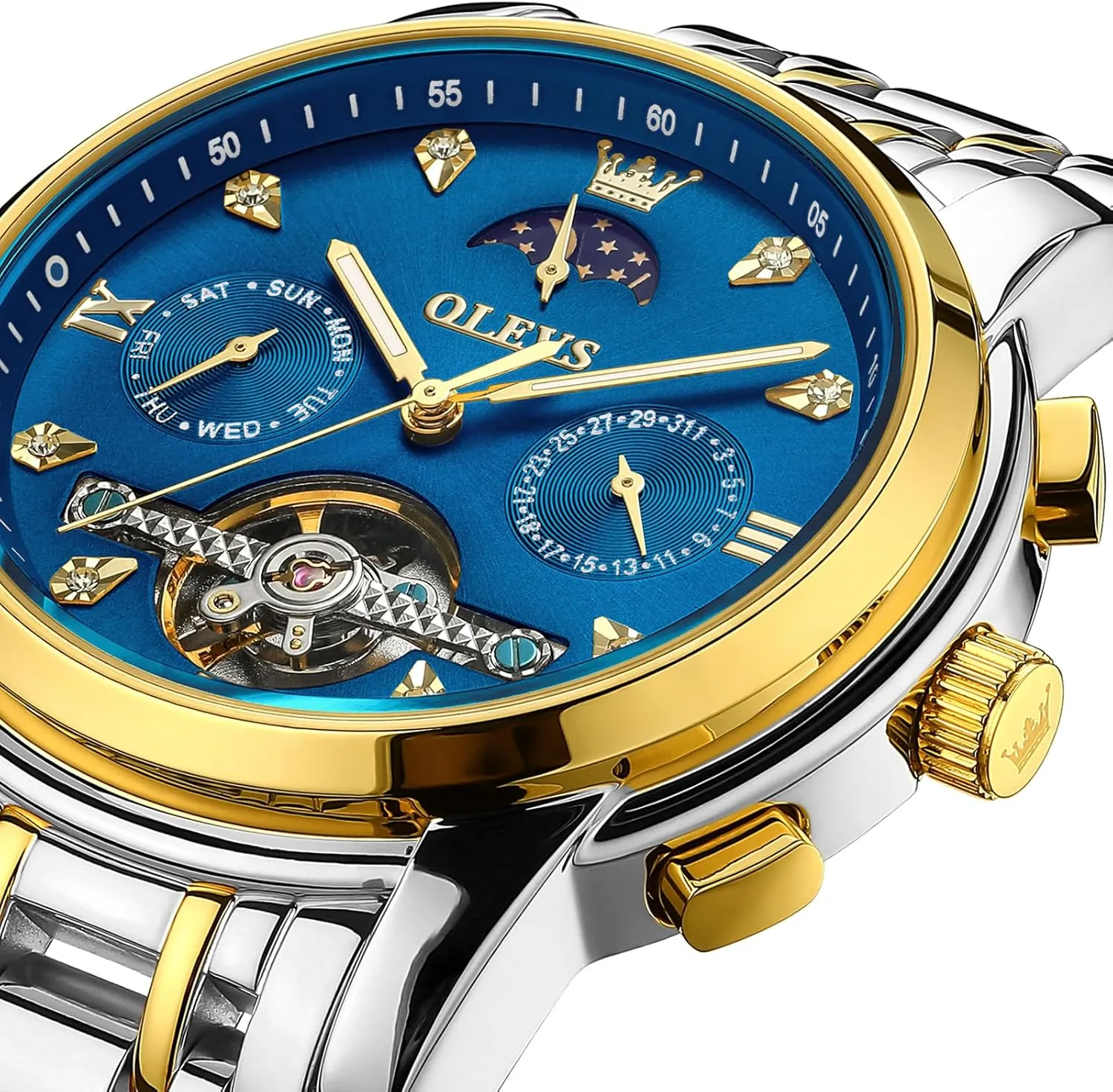 Phase Adjustable Bracelet Gift Multi-Function Blue/Black/Gold/Silver Face Watch for sac Men OLEVS Mechanical Men Watch Chronograph Diamond Tourbillon Date Moon 
