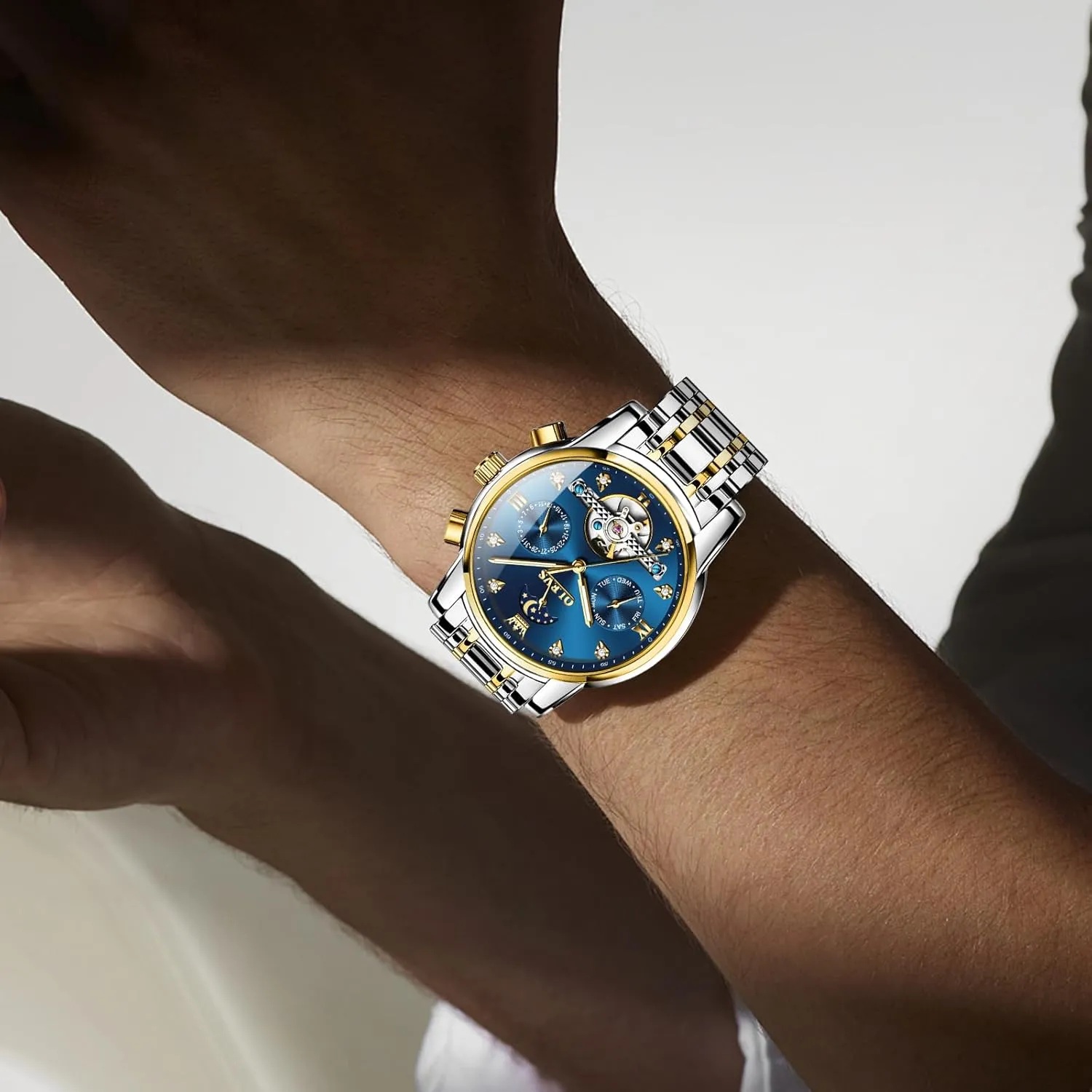 Phase Adjustable Bracelet Gift Multi-Function Blue/Black/Gold/Silver Face Watch for sac Men OLEVS Mechanical Men Watch Chronograph Diamond Tourbillon Date Moon 
