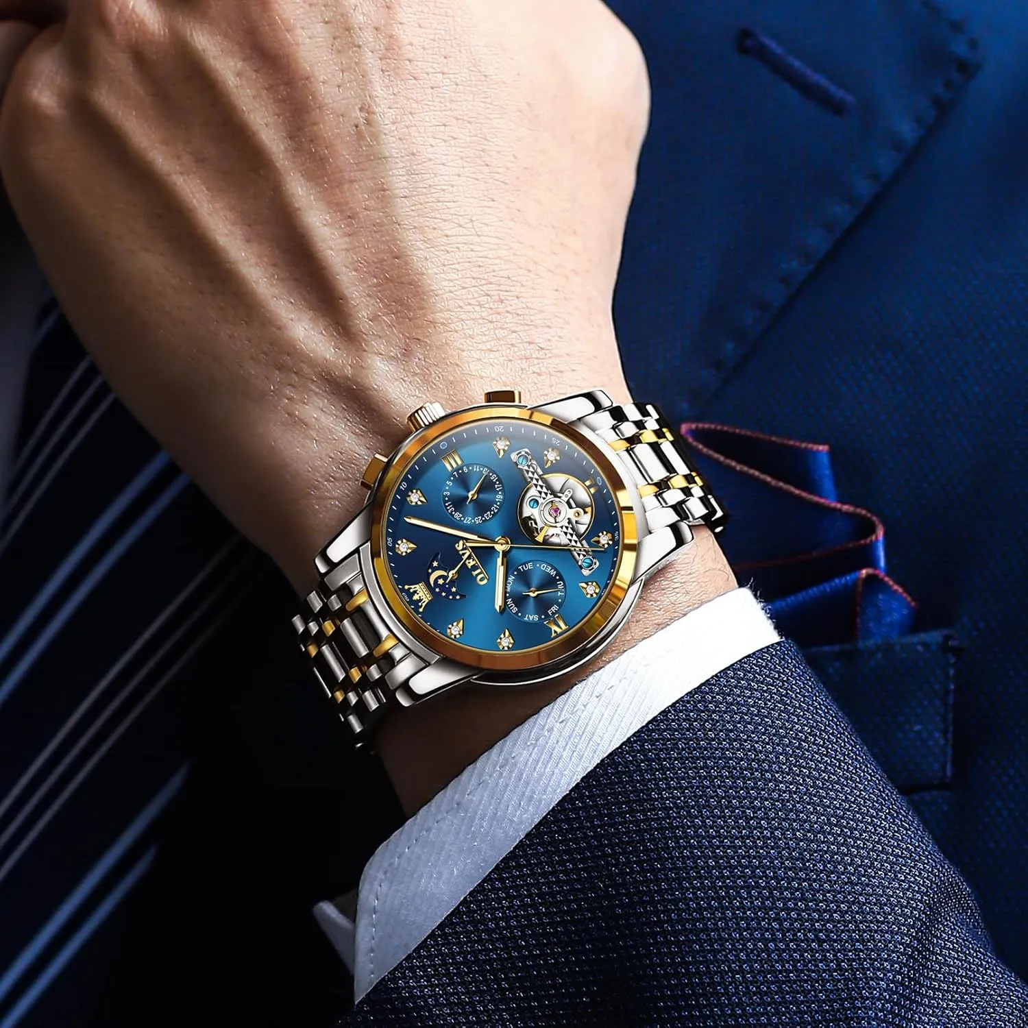 Phase Stainless Steel Luminous position speed Diamond Men's Wrist Watches Gift OLEVS Automatic Watches for Men Waterproof Luxury Dress Self Winding Mechanical Skeleton Tourbillon Moon 