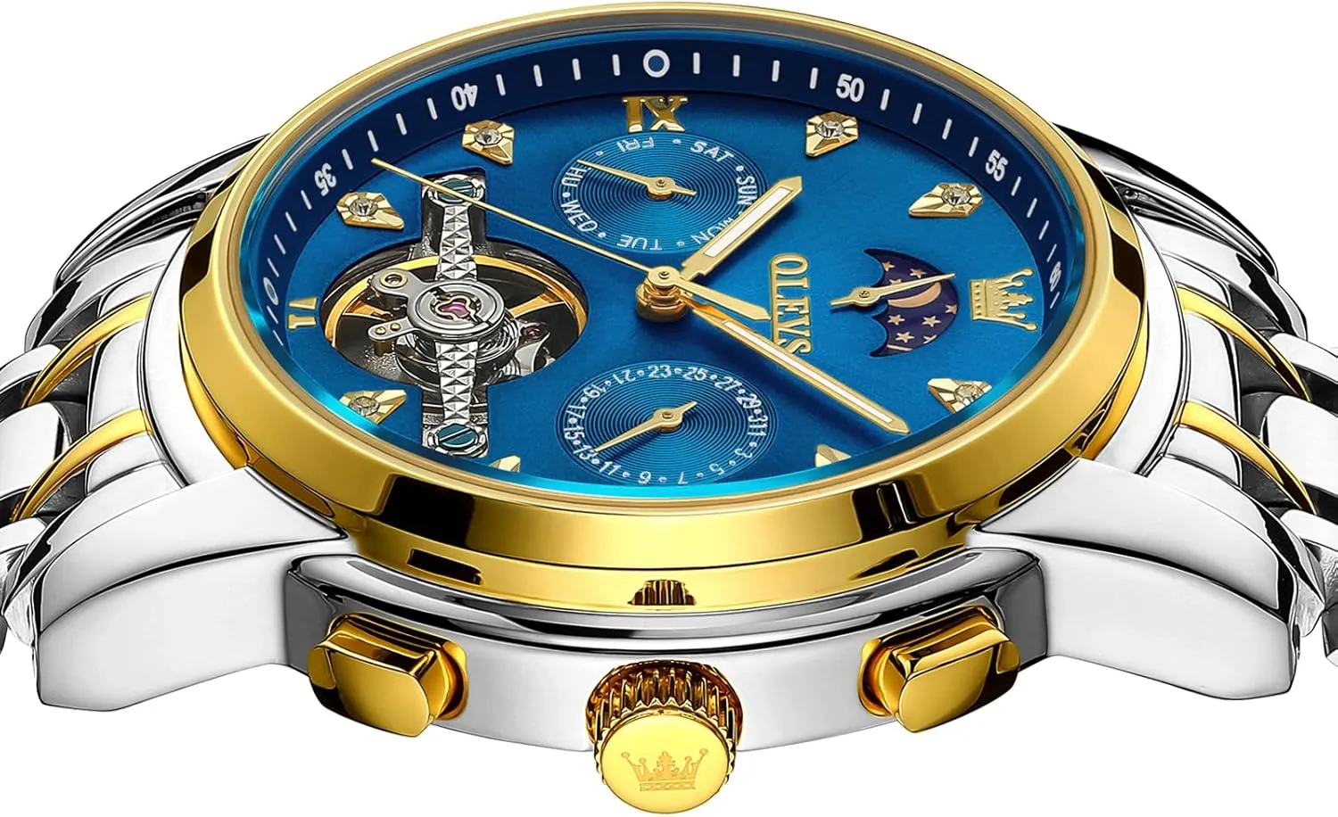 Phase Stainless Steel Luminous position speed Diamond Men's Wrist Watches Gift OLEVS Automatic Watches for Men Waterproof Luxury Dress Self Winding Mechanical Skeleton Tourbillon Moon 