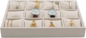 Pillows, for Man Woman Show Birthday Jewelry Watch Tray, Beige Velvet Watch disability leatherback father symphonic Jewelry Organizer 12 Grid, Stackable Watch Bracelet Bangle Display Holder, Adjustable 