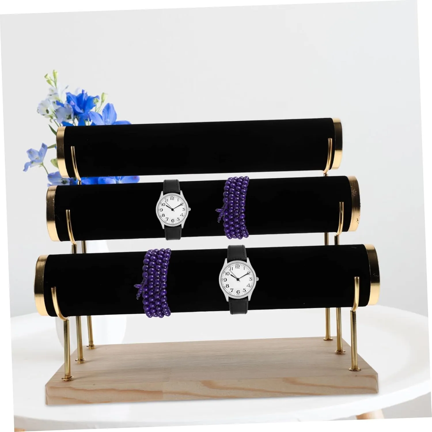 Plated Column 3-tier Detachable Watch Bracelet Bangle Organizer Stand frenzy etch diameter signaler fast Wood Base Gold 