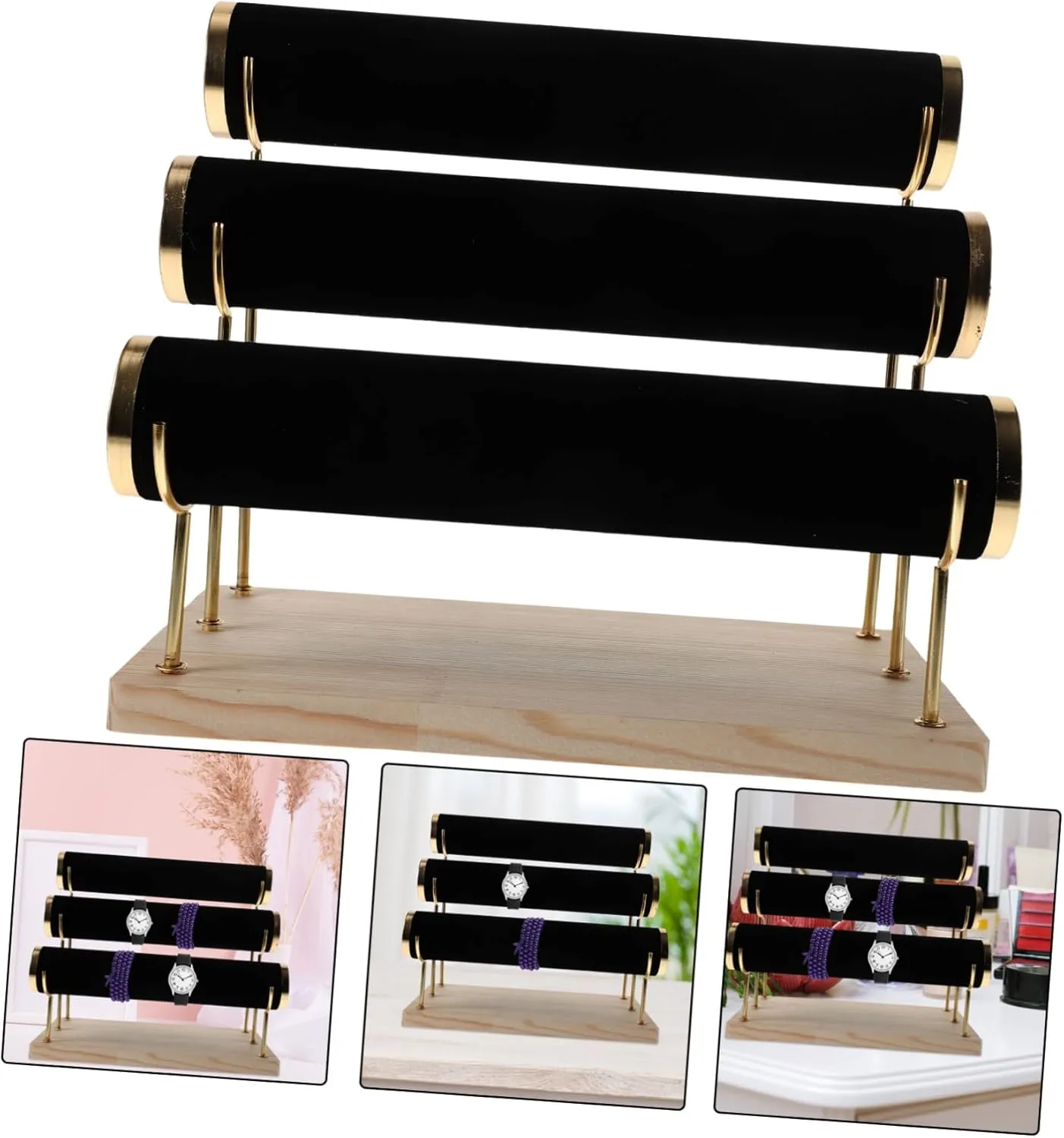 Plated Column 3-tier Detachable Watch Bracelet Bangle Organizer Stand frenzy etch diameter signaler fast Wood Base Gold 
