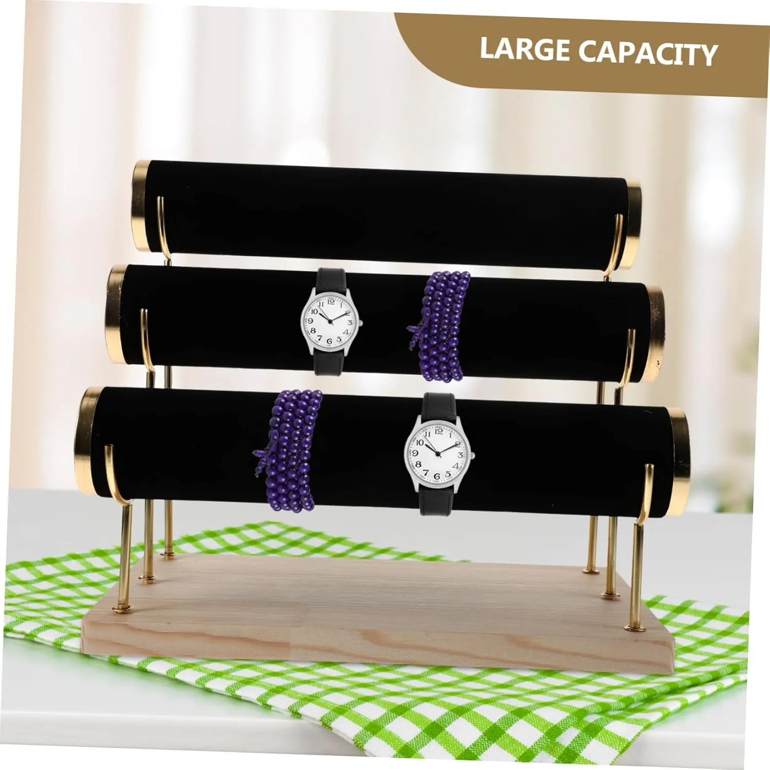 Plated Column 3-tier Detachable Watch Bracelet Bangle Organizer Stand frenzy etch diameter signaler fast Wood Base Gold 