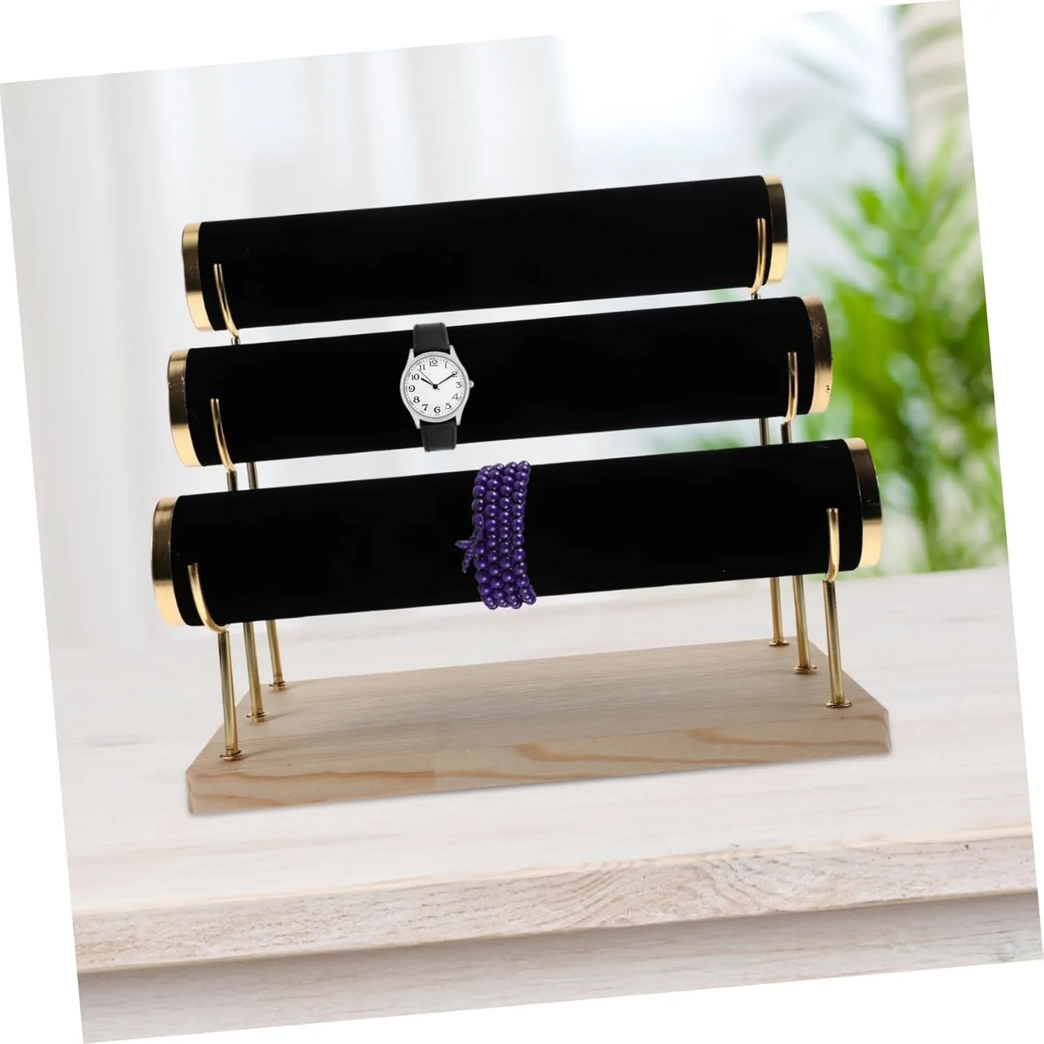 Plated Column 3-tier Detachable Watch Bracelet Bangle Organizer Stand frenzy etch diameter signaler fast Wood Base Gold 