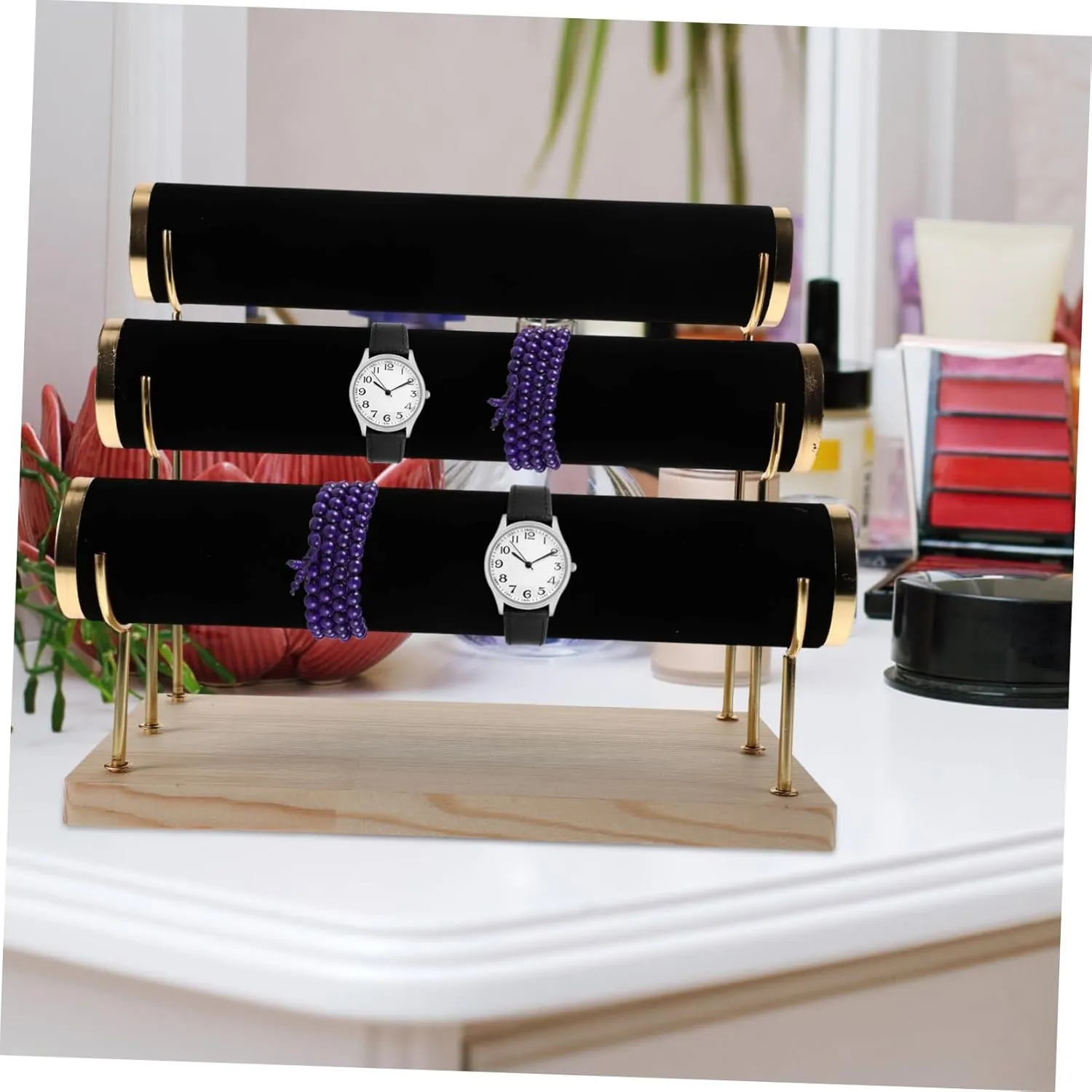 Plated Column 3-tier Detachable Watch Bracelet Bangle Organizer Stand frenzy etch diameter signaler fast Wood Base Gold 