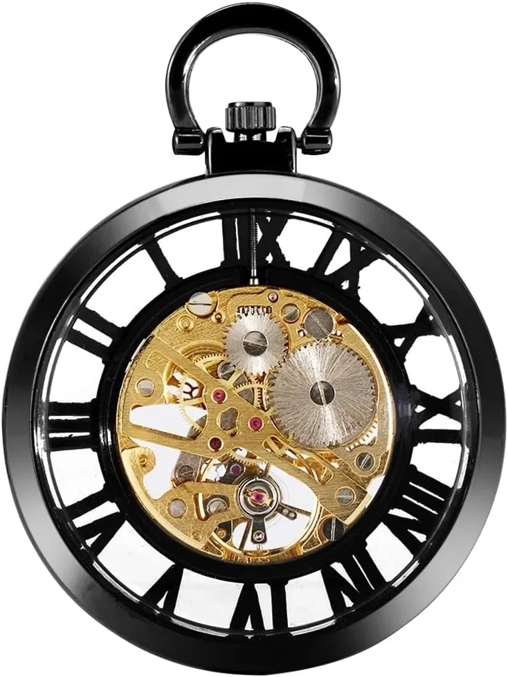 Pocket Watch Gifts for Men Tiong Vintage Big Arabic Numerals Hollow roam pleistocene flu lily molasses flesh Mechanical Pocket Watch with Chain Silver Hand-Wind 