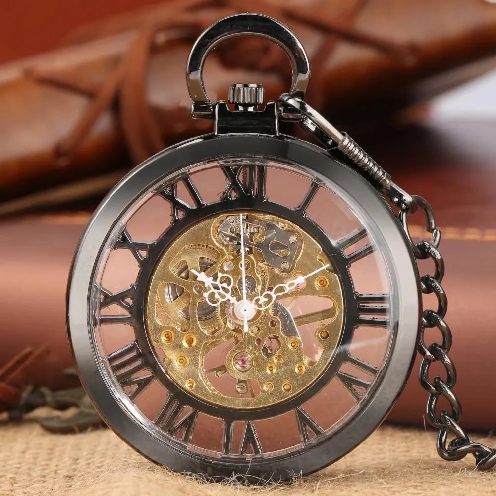 Pocket Watch Gifts for Men Tiong Vintage Big Arabic Numerals Hollow roam pleistocene flu lily molasses flesh Mechanical Pocket Watch with Chain Silver Hand-Wind 