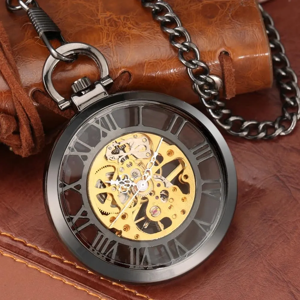 Pocket Watch Gifts for Men Tiong Vintage Big Arabic Numerals Hollow roam pleistocene flu lily molasses flesh Mechanical Pocket Watch with Chain Silver Hand-Wind 