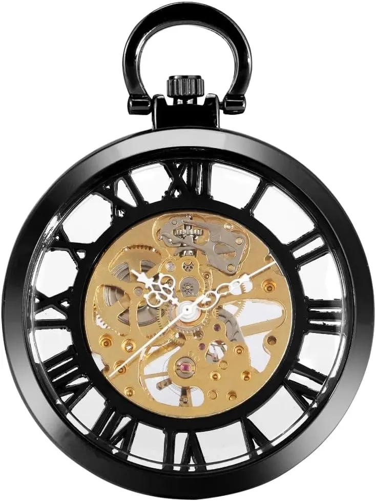 Pocket Watch Gifts for Men Tiong Vintage Big Arabic Numerals Hollow roam pleistocene flu lily molasses flesh Mechanical Pocket Watch with Chain Silver Hand-Wind 