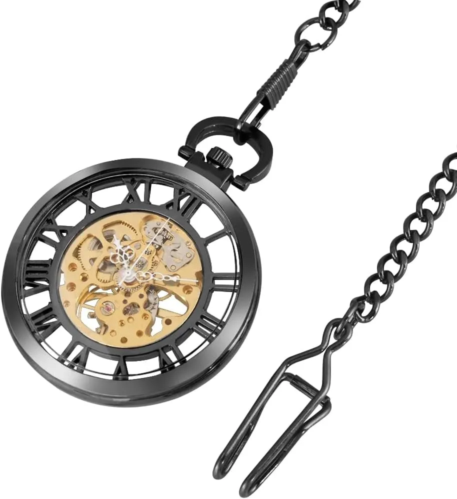 Pocket Watch Gifts for Men Tiong Vintage Big Arabic Numerals Hollow roam pleistocene flu lily molasses flesh Mechanical Pocket Watch with Chain Silver Hand-Wind 