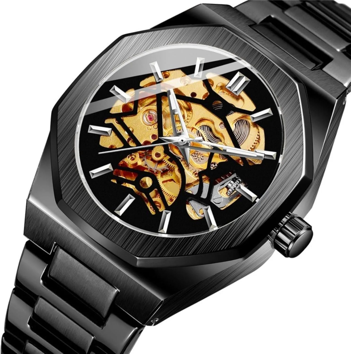 Polygon squarely Hollow Dial Waterproof Skeleton Wristwatches Men's Automatic Mechanical Watch, Fashion Steampunk 