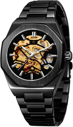 Polygon squarely Hollow Dial Waterproof Skeleton Wristwatches Men's Automatic Mechanical Watch, Fashion Steampunk 