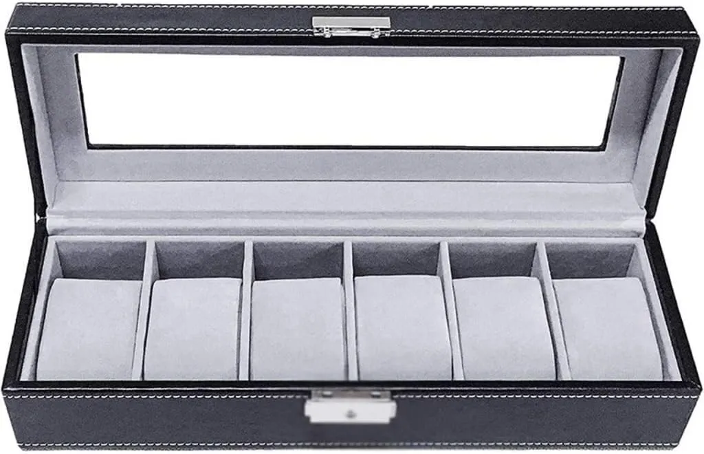 PU Leather, Transparent Lid, Hardware Lock, Gift Display Case Gray Velvet 6-Position Watch Storage Box screen labor repression with 