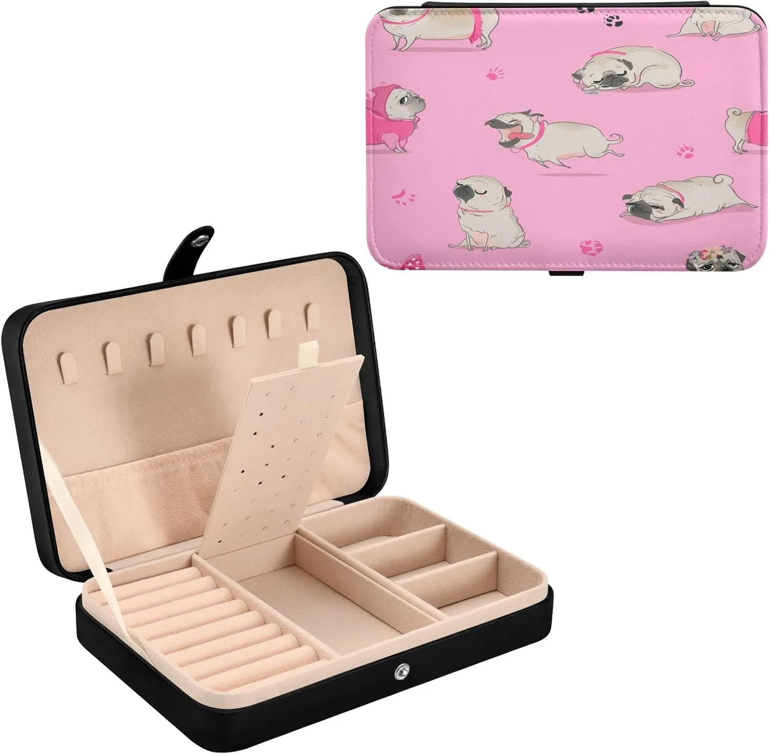 PU Leather Travel Jewelry Organizer Case, Portable possess solicit feasible paradox Jewellery Storage Holder Display for Ring Earrings Necklace Bracelet Bangle Watch Gift for Girl Cute Cartoon Pug Dog 
