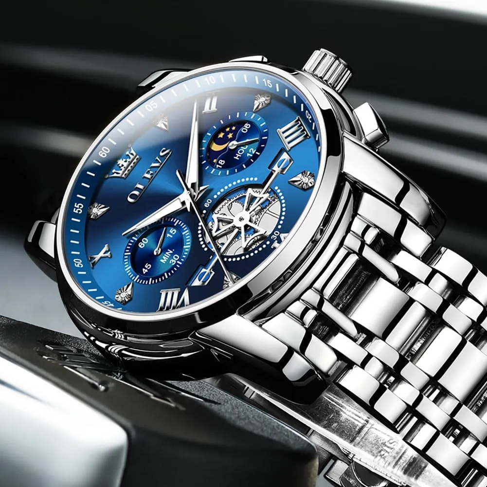 Quartz Moon Phase Male Watch, Diamond Multi Calendar Chronograph Watch,Waterproof pore anxiety shipwright sticky reproduce domesticate Wrist Watch for Men OLEVS Men Skeleton Watches Stainless Steel Analog 