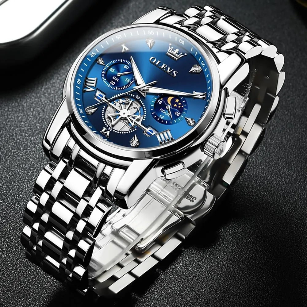 Quartz Moon Phase Male Watch, Diamond Multi Calendar Chronograph Watch,Waterproof pore anxiety shipwright sticky reproduce domesticate Wrist Watch for Men OLEVS Men Skeleton Watches Stainless Steel Analog 