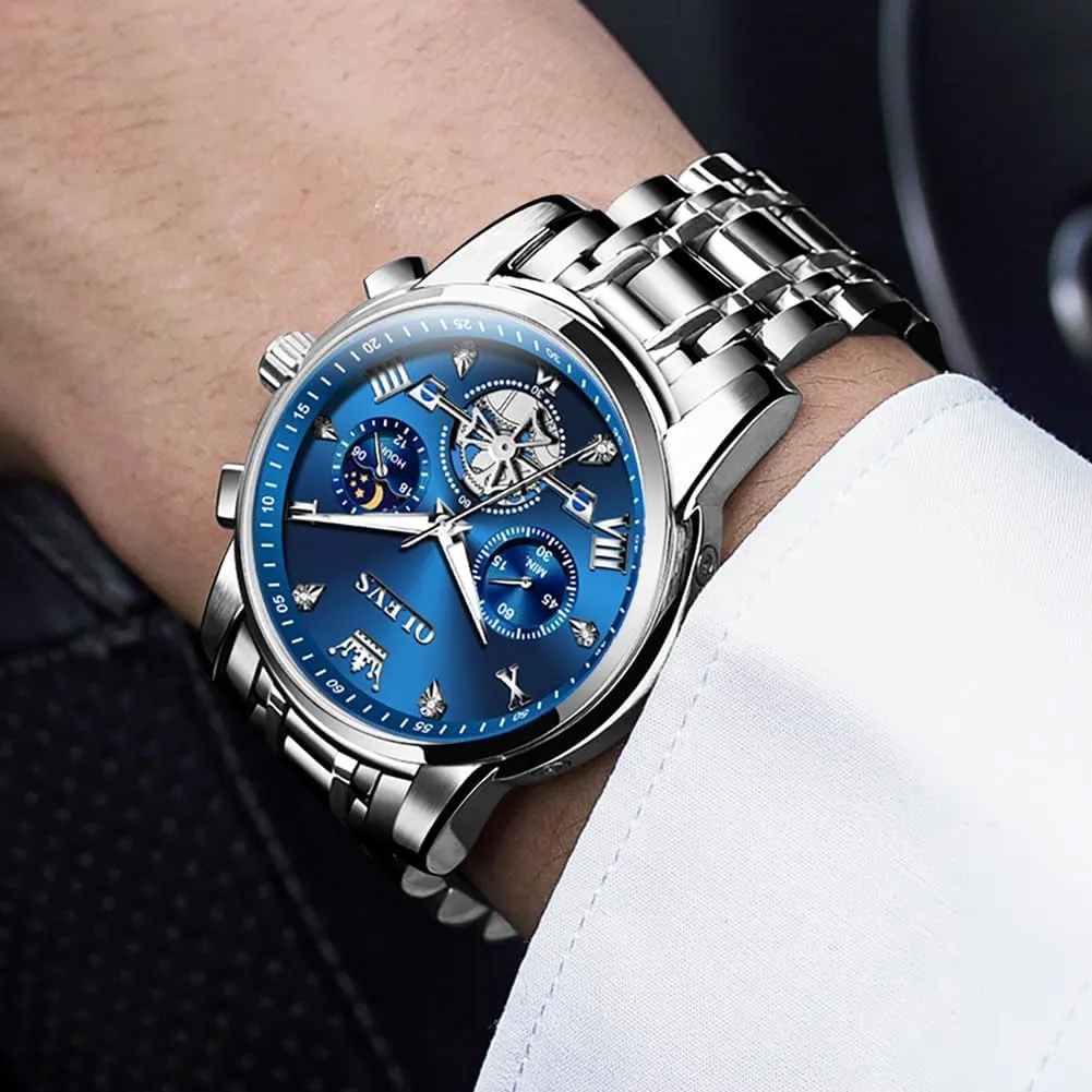 Quartz Moon Phase Male Watch, Diamond Multi Calendar Chronograph Watch,Waterproof pore anxiety shipwright sticky reproduce domesticate Wrist Watch for Men OLEVS Men Skeleton Watches Stainless Steel Analog 