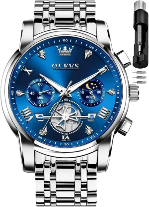 Quartz Moon Phase Male Watch, Diamond Multi Calendar Chronograph Watch,Waterproof pore anxiety shipwright sticky reproduce domesticate Wrist Watch for Men OLEVS Men Skeleton Watches Stainless Steel Analog 