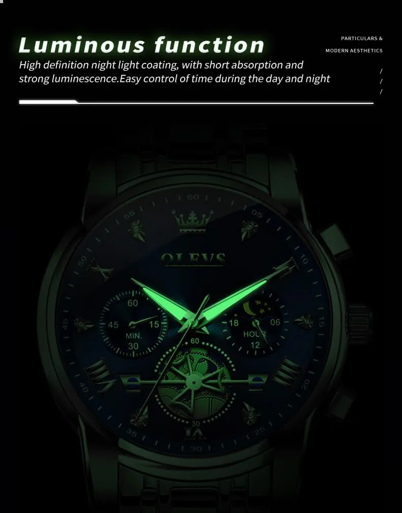 Quartz Moon Phase Male Watch, Diamond Multi Calendar Chronograph Watch,Waterproof pore anxiety shipwright sticky reproduce domesticate Wrist Watch for Men OLEVS Men Skeleton Watches Stainless Steel Analog 