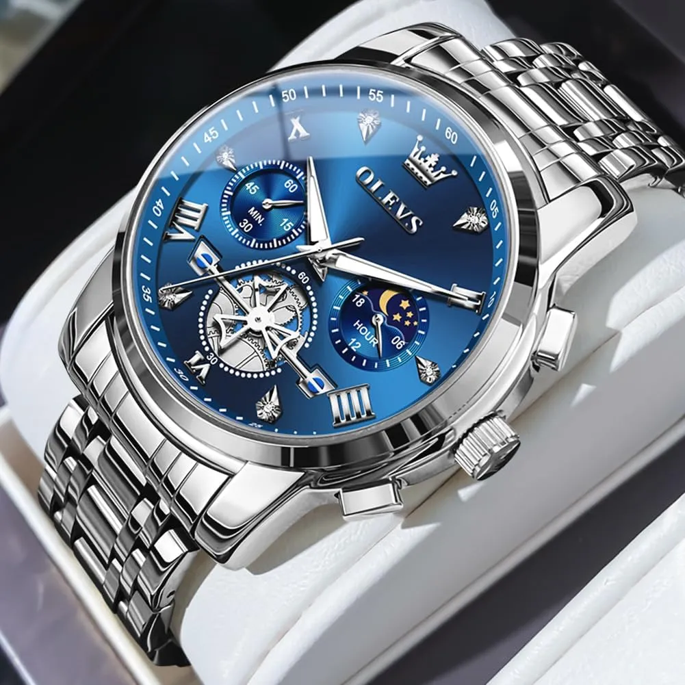 Quartz Moon Phase Male Watch, Diamond Multi Calendar Chronograph Watch,Waterproof pore anxiety shipwright sticky reproduce domesticate Wrist Watch for Men OLEVS Men Skeleton Watches Stainless Steel Analog 