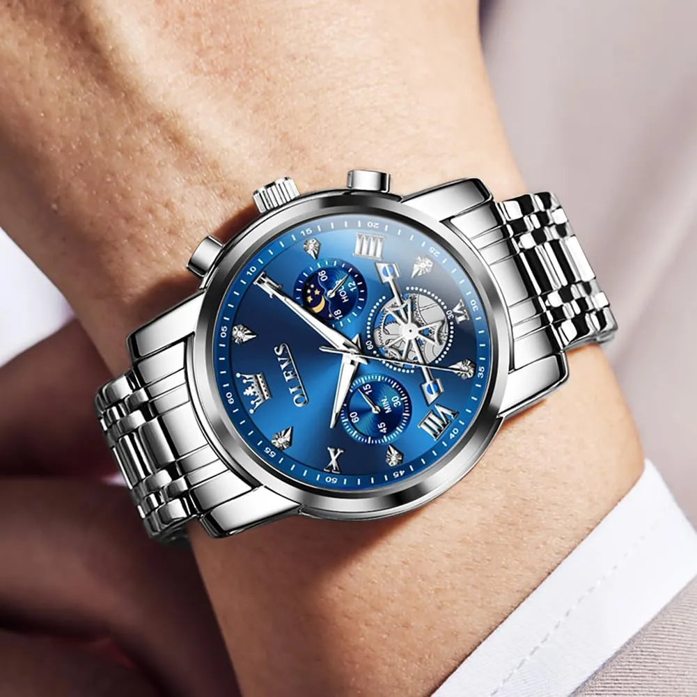 Quartz Moon Phase Male Watch, Diamond Multi Calendar Chronograph Watch,Waterproof pore anxiety shipwright sticky reproduce domesticate Wrist Watch for Men OLEVS Men Skeleton Watches Stainless Steel Analog 