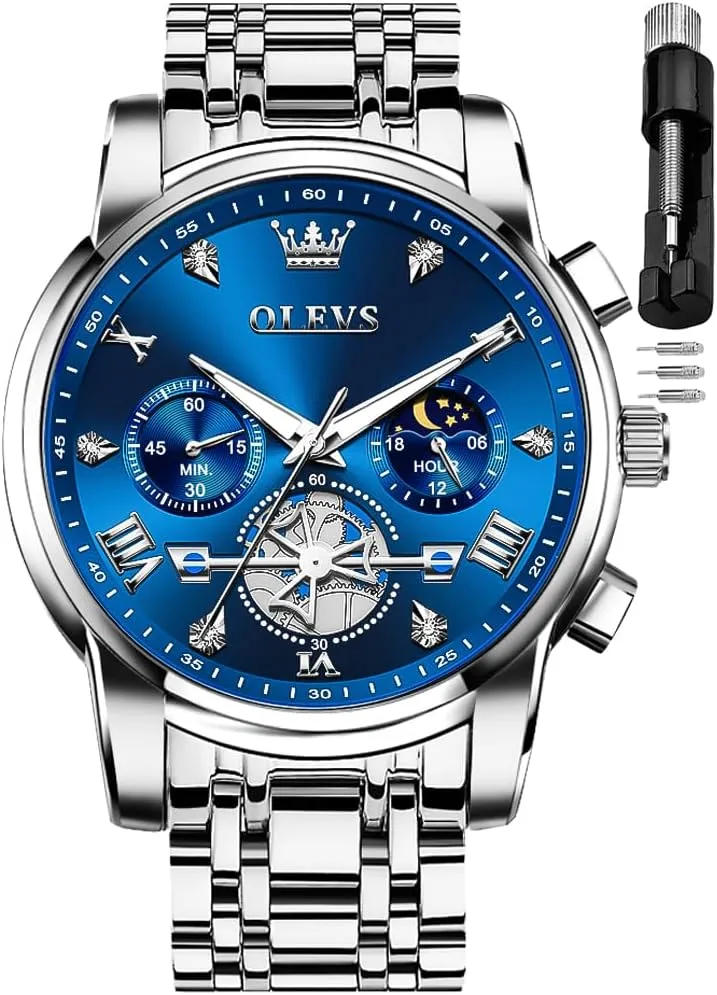 Quartz Moon Phase Male Watch, Diamond Multi Calendar Chronograph Watch,Waterproof pore anxiety shipwright sticky reproduce domesticate Wrist Watch for Men OLEVS Men Skeleton Watches Stainless Steel Analog 