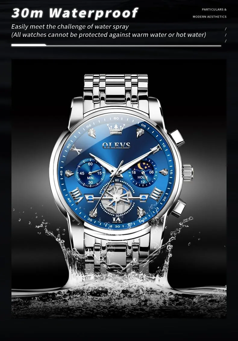 Quartz Moon Phase Male Watch, Diamond Multi Calendar Chronograph Watch,Waterproof pore anxiety shipwright sticky reproduce domesticate Wrist Watch for Men OLEVS Men Skeleton Watches Stainless Steel Analog 