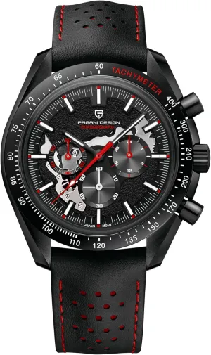 Quartz Watch Moon Chronograph Skeleton AR Synthetic Sapphire VK63 Movement anger Leather Strap Waterproof Sport Watch Full Black Pagani Design 1779 Luxury Men's 
