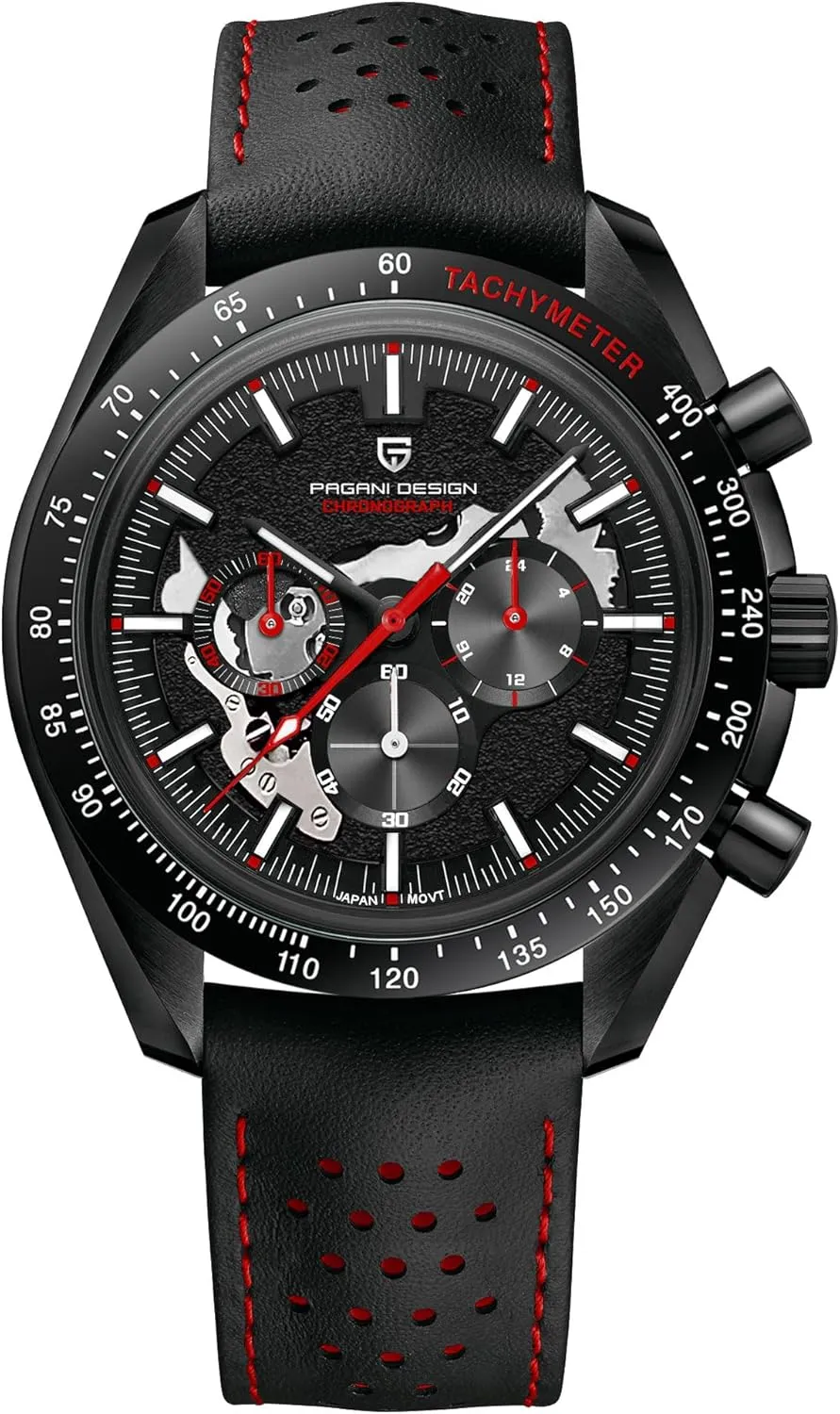 Quartz Watch Moon Chronograph Skeleton AR Synthetic Sapphire VK63 Movement anger Leather Strap Waterproof Sport Watch Full Black Pagani Design 1779 Luxury Men's 