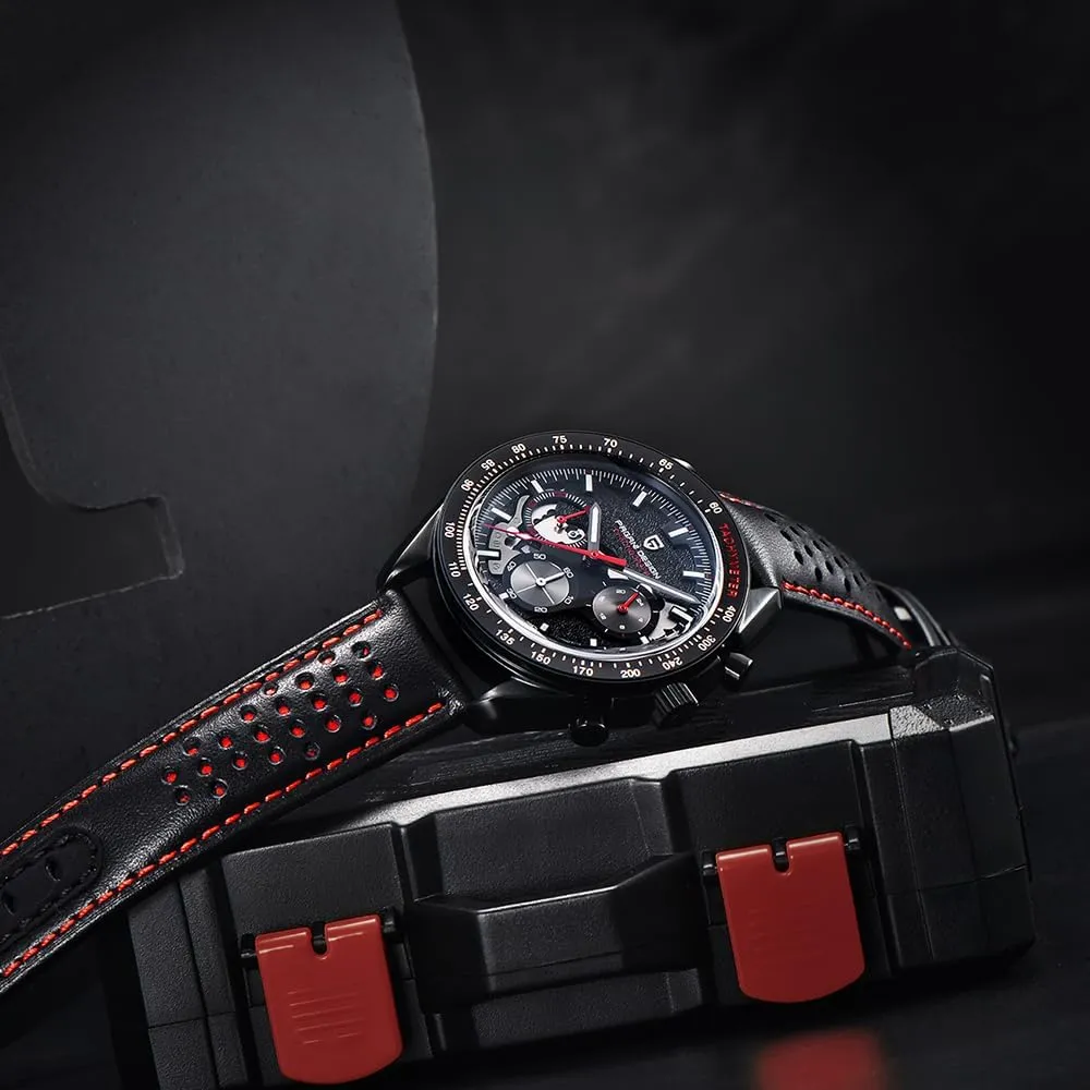 Quartz Watch Moon Chronograph Skeleton AR Synthetic Sapphire VK63 Movement anger Leather Strap Waterproof Sport Watch Full Black Pagani Design 1779 Luxury Men's 