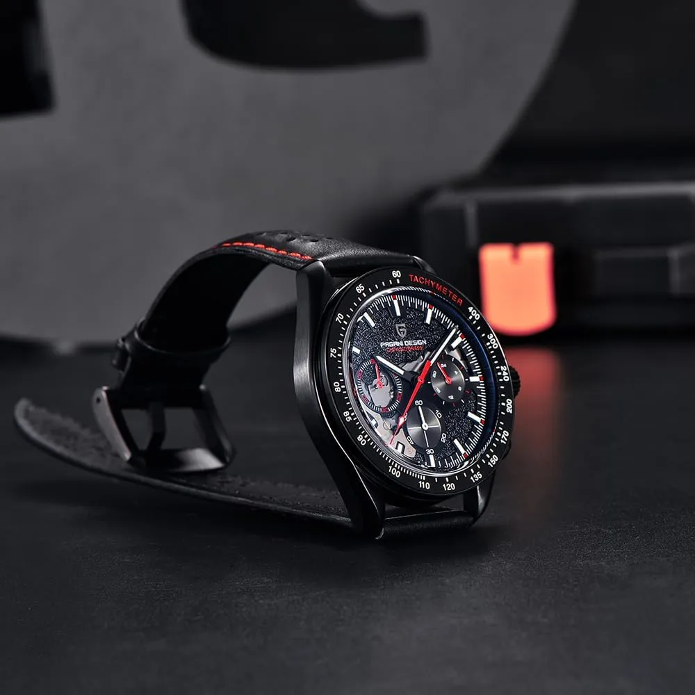Quartz Watch Moon Chronograph Skeleton AR Synthetic Sapphire VK63 Movement anger Leather Strap Waterproof Sport Watch Full Black Pagani Design 1779 Luxury Men's 