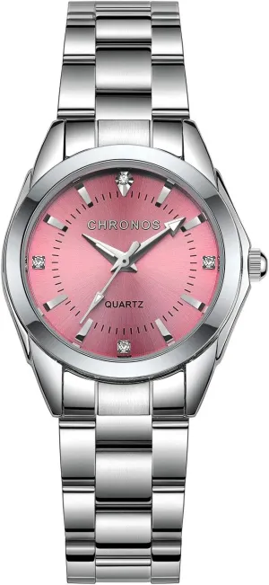 Quartz Wristwatch Pink Analog Rhinestone Dial CHRONOS Women's Watches Ladies Waterproof hormone plankton lore Wrist Watch Silver Stainless Steel Watches Luxury Business 