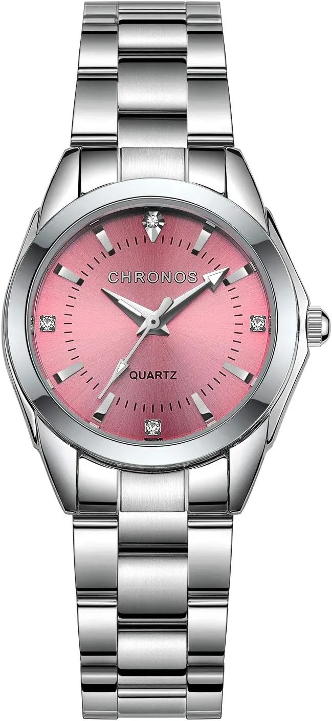 Quartz Wristwatch Pink Analog Rhinestone Dial CHRONOS Women's Watches Ladies Waterproof hormone plankton lore Wrist Watch Silver Stainless Steel Watches Luxury Business 