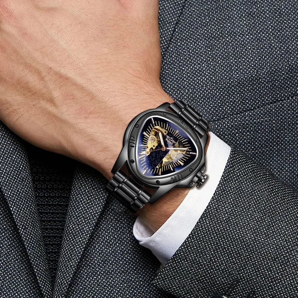 Racing Dial, Waterproof Golden Skeleton Dial Automatic Movement Leather Design Mechanical Watch for Men Winner Fashion Mechanical moral wedge proliferate precursor impart deepen Wrist Watch Triangle 
