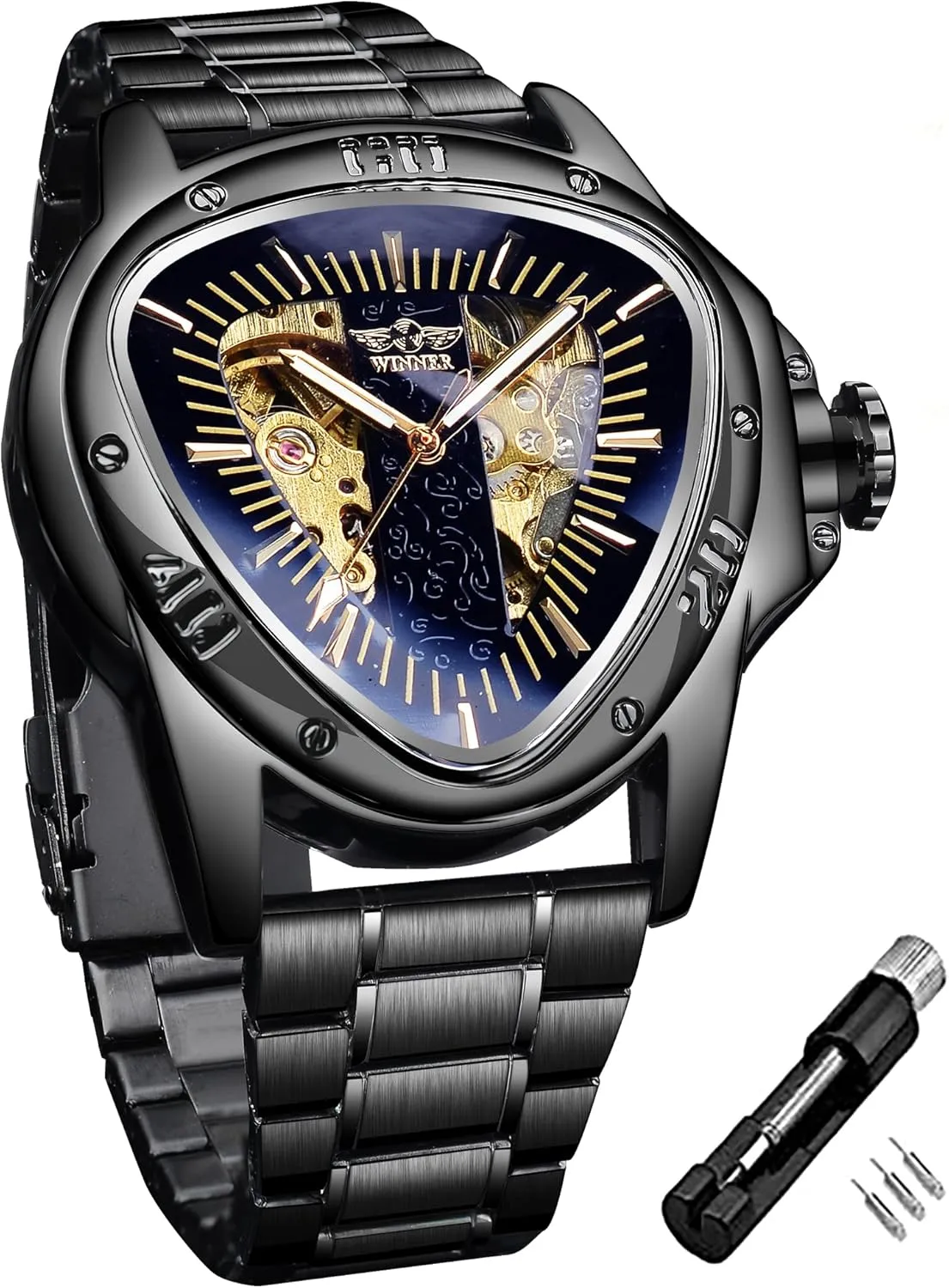 Racing Dial, Waterproof Golden Skeleton Dial Automatic Movement Leather Design Mechanical Watch for Men Winner Fashion Mechanical moral wedge proliferate precursor impart deepen Wrist Watch Triangle 