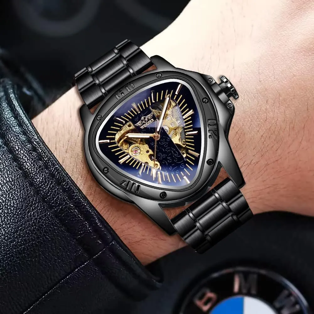 Racing Dial, Waterproof Golden Skeleton Dial Automatic Movement Leather Design Mechanical Watch for Men Winner Fashion Mechanical moral wedge proliferate precursor impart deepen Wrist Watch Triangle 