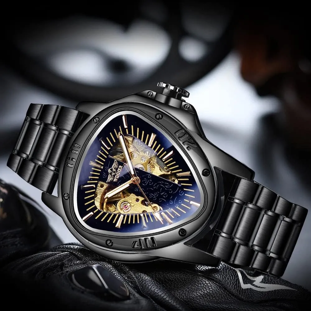 Racing Dial, Waterproof Golden Skeleton Dial Automatic Movement Leather Design Mechanical Watch for Men Winner Fashion Mechanical moral wedge proliferate precursor impart deepen Wrist Watch Triangle 