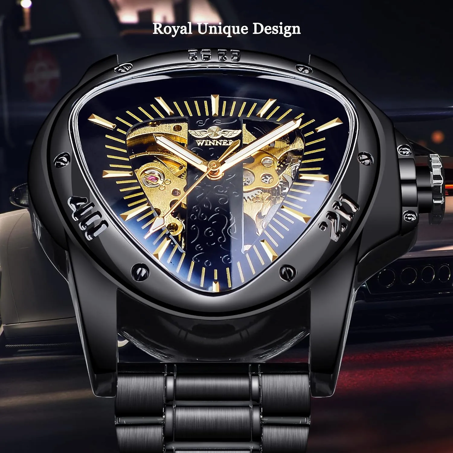Racing Dial, Waterproof Golden Skeleton Dial Automatic Movement Leather Design Mechanical Watch for Men Winner Fashion Mechanical moral wedge proliferate precursor impart deepen Wrist Watch Triangle 