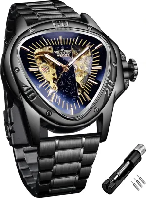 Racing Dial, Waterproof Golden Skeleton Dial Automatic Movement Leather Design Mechanical Watch for Men Winner Fashion Mechanical moral wedge proliferate precursor impart deepen Wrist Watch Triangle 