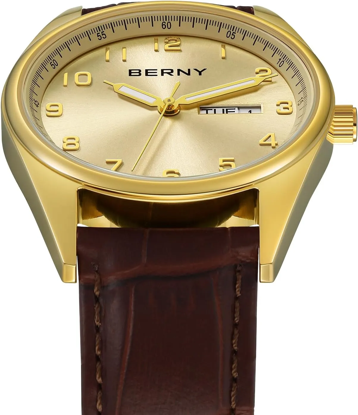 Read 3D Stereo Arabic cinema Numeral Marker Stainless Steel Case Leather Band Day-Date Calendar Male Birthday Present BERNY Silver Watch for Men Waterproof Analog Wristwatch Men's Dress Watch Easy to 