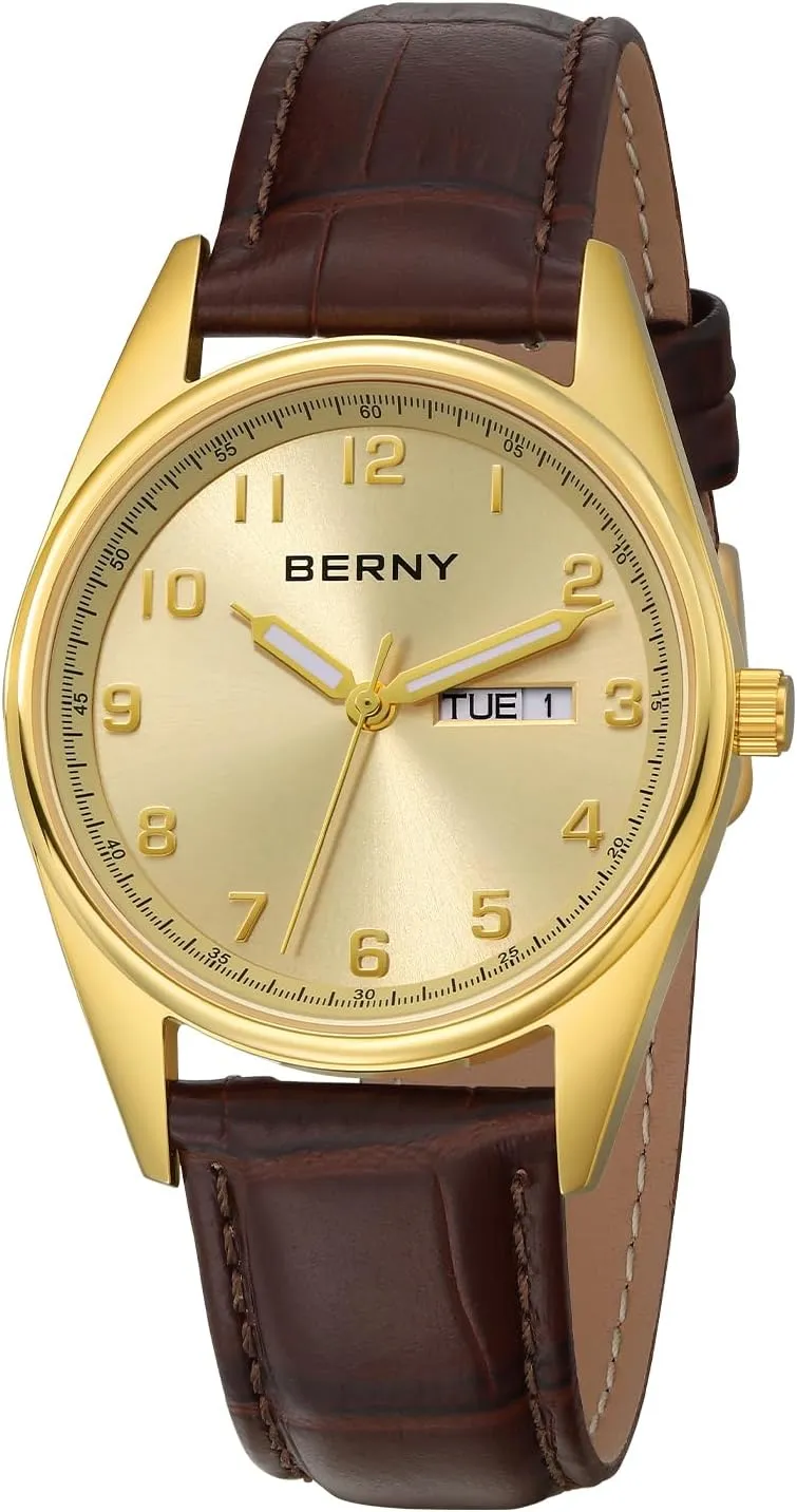 Read 3D Stereo Arabic cinema Numeral Marker Stainless Steel Case Leather Band Day-Date Calendar Male Birthday Present BERNY Silver Watch for Men Waterproof Analog Wristwatch Men's Dress Watch Easy to 