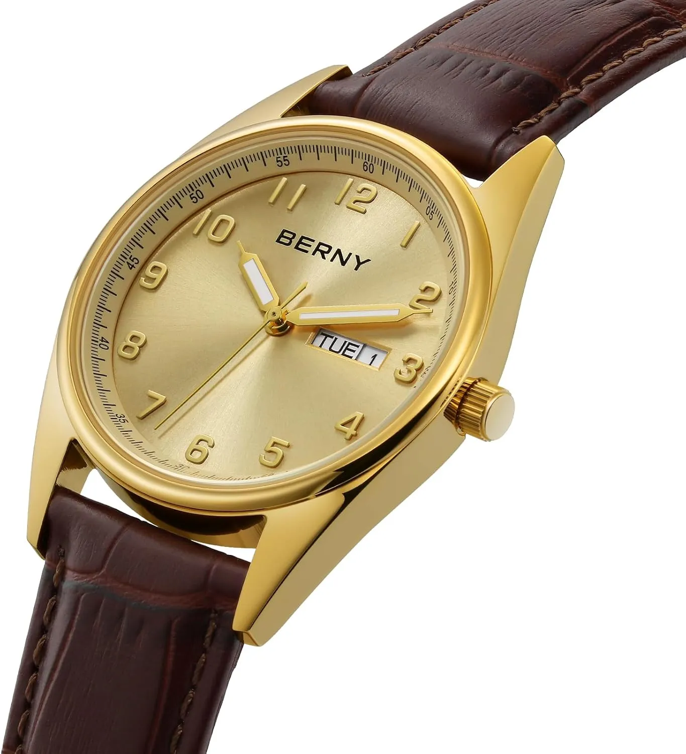 Read 3D Stereo Arabic cinema Numeral Marker Stainless Steel Case Leather Band Day-Date Calendar Male Birthday Present BERNY Silver Watch for Men Waterproof Analog Wristwatch Men's Dress Watch Easy to 
