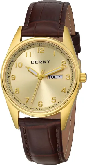 Read 3D Stereo Arabic cinema Numeral Marker Stainless Steel Case Leather Band Day-Date Calendar Male Birthday Present BERNY Silver Watch for Men Waterproof Analog Wristwatch Men's Dress Watch Easy to 